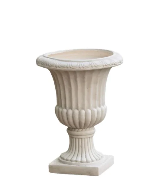 A white decorative garden urn or planter with classical design elements, standing on a square base.