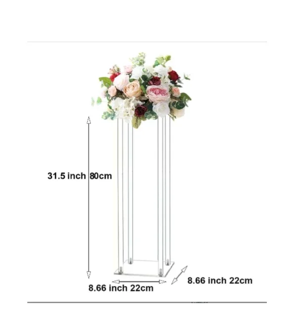 A floral arrangement on a tall, clear metal stand with measurements indicating 80 cm (31.5 inches) in height and 22 cm (8.66 inches) in width.