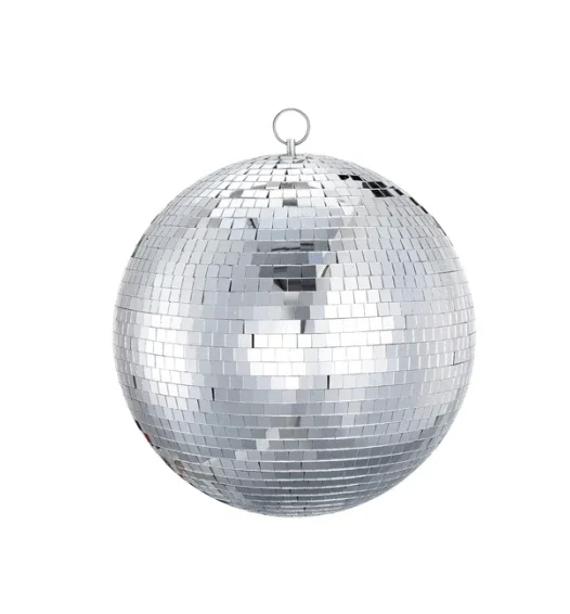 A silver disco ball with small reflective tiles and a hanging ring at the top.