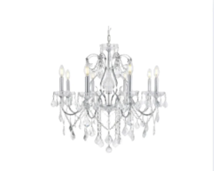 Crystal chandelier with lit candle-style bulbs on a white background.