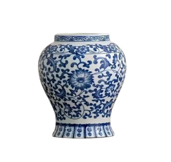 Blue and white ceramic vase with floral and scroll patterns.