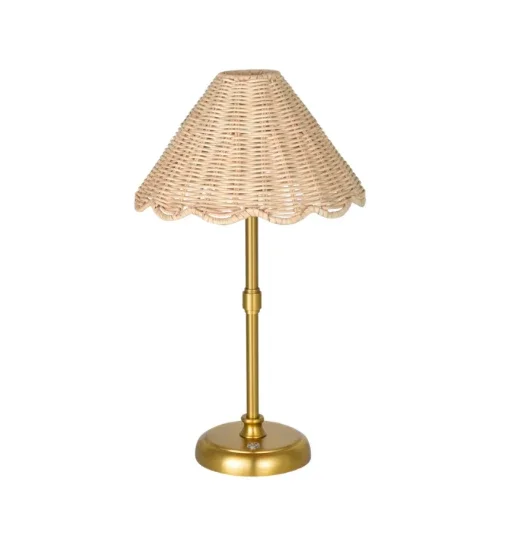 Gold-colored table lamp with a woven wicker lampshade.