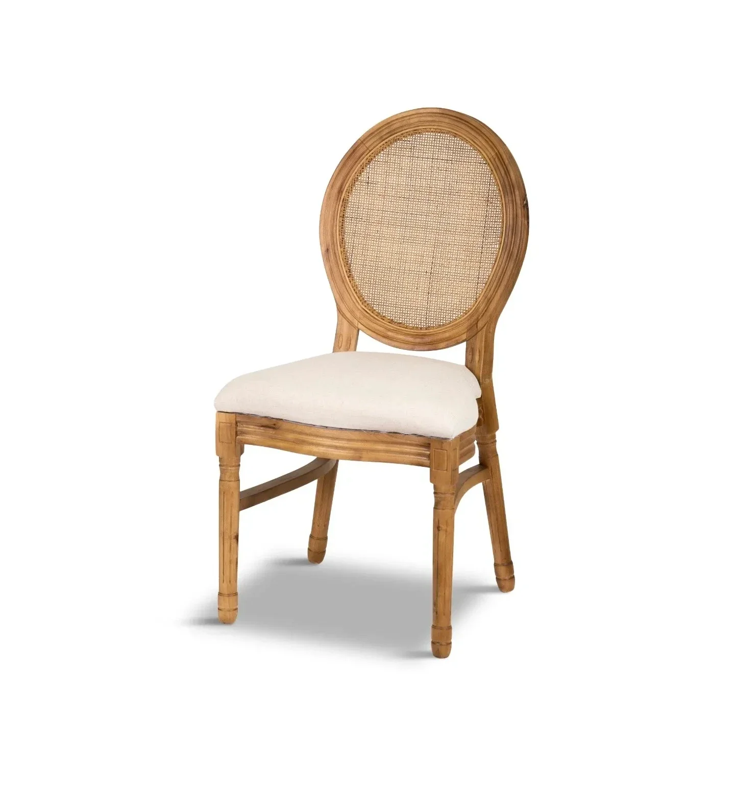 Wooden chair with a cane oval backrest and cream upholstered seat, isolated on white background.