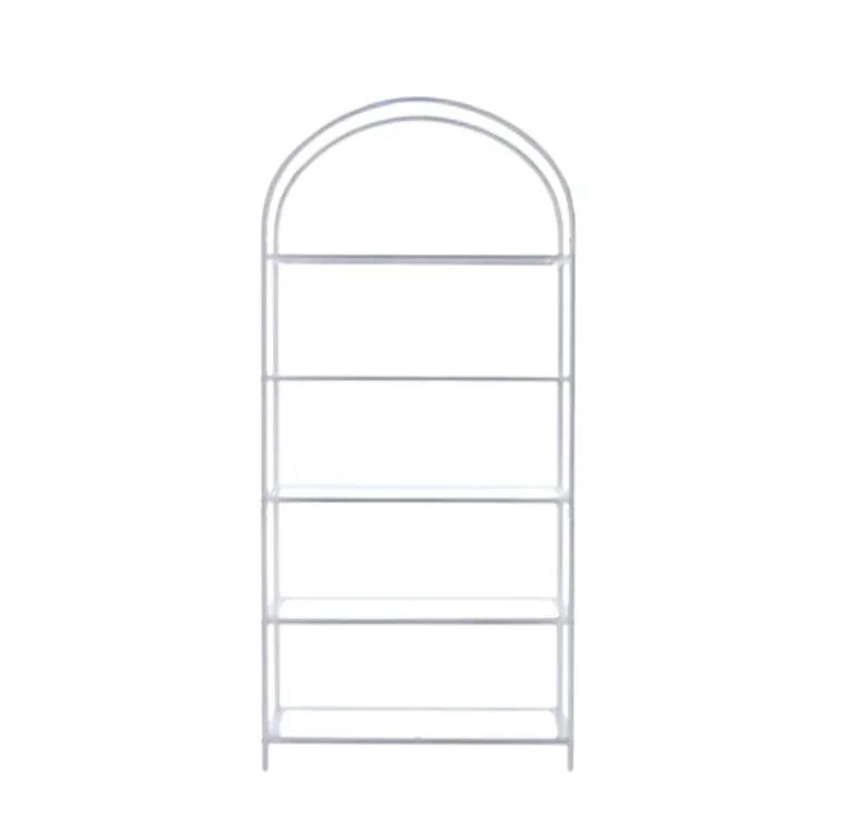 A white, metal, arched shelf unit with five shelves against a white background.