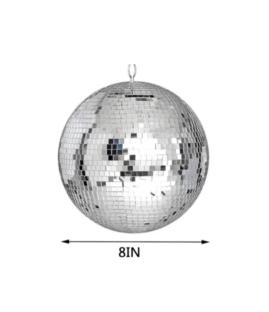 A silver disco ball with a diameter of 8 inches hanging against a white background.