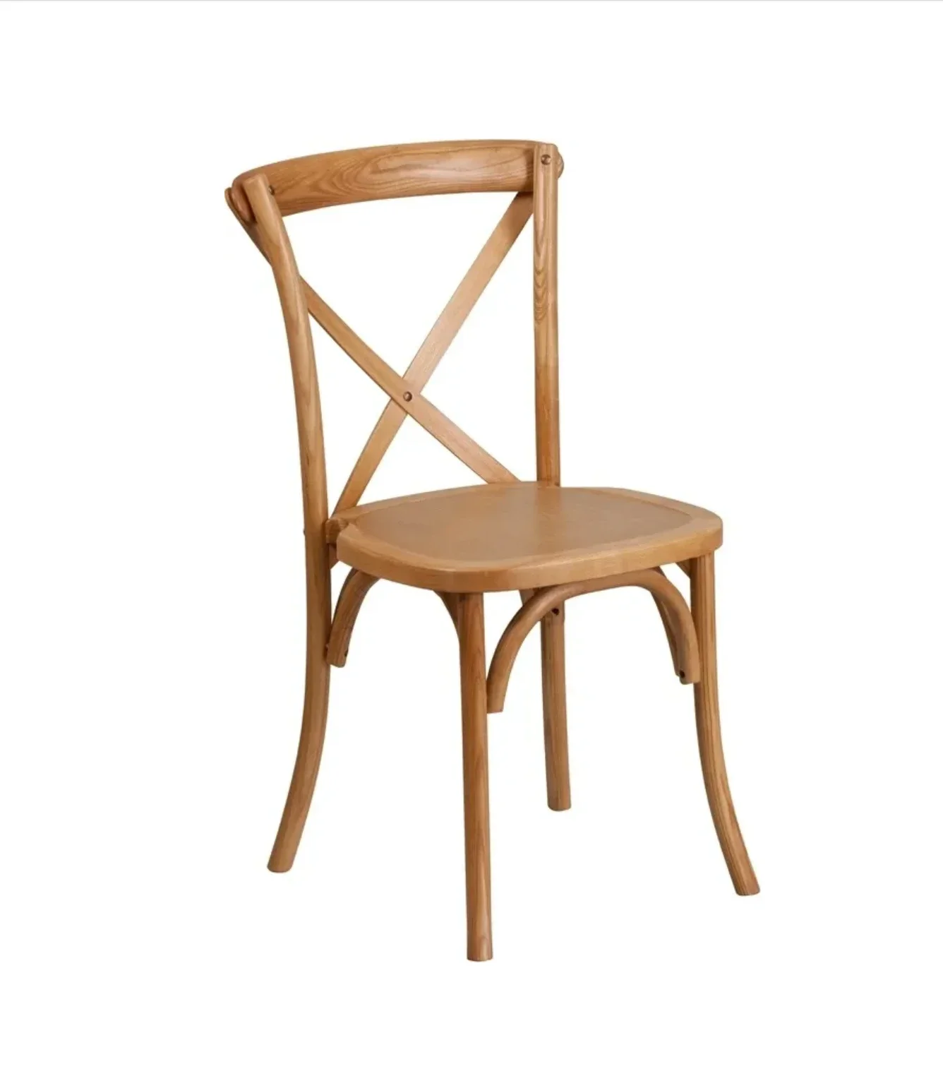 Wooden chair with a curved backrest and cross-braced back, isolated on a white background.