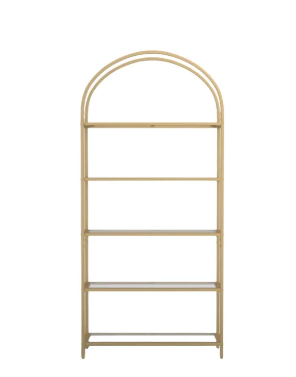 A beige, arched metal shelving unit with five shelves against a white background.