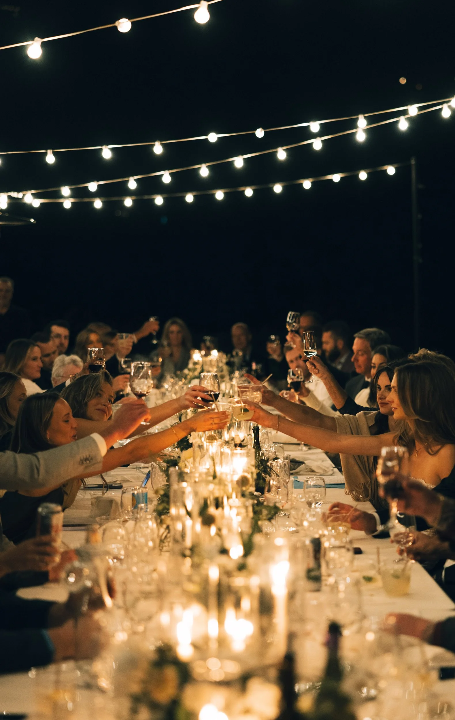 People celebrating at a dinner party under string lights, raising glasses in a toast.