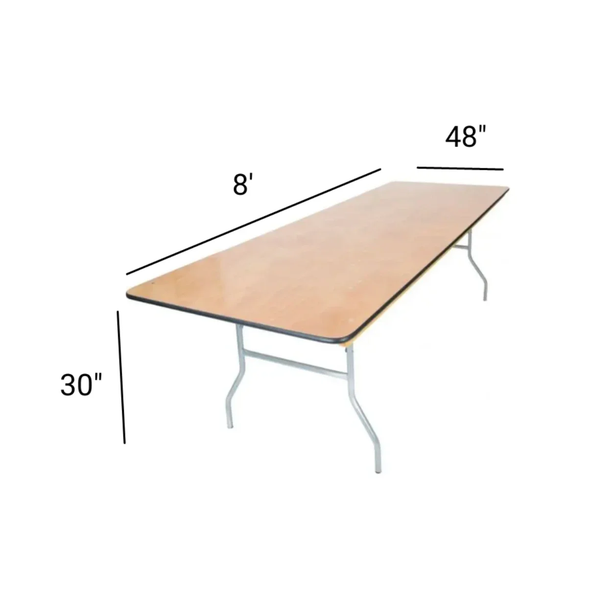 A rectangular folding table with a wooden top, dimensions 8 feet by 4 feet, and a height of 30 inches.