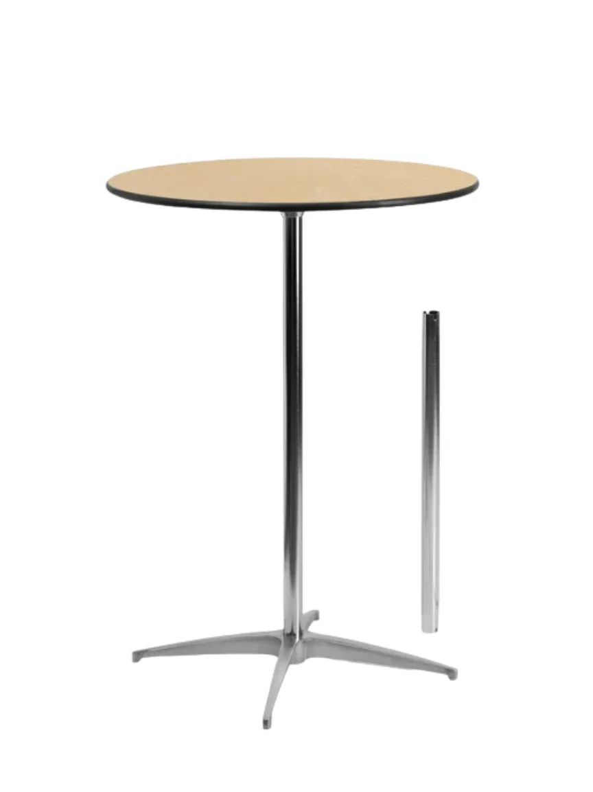 A foldable round table with a wooden top and metal base, partially collapsed and standing alone on a white background.