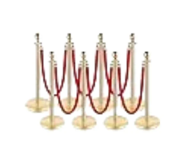 Six beige stanchions with red velvet ropes arranged in a line.