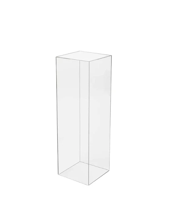 A tall, empty, transparent glass or plastic display case or cabinet with four vertical sides and an open top.