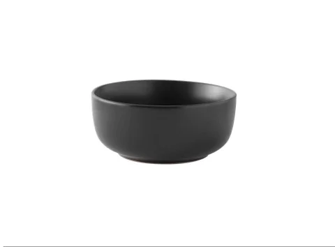 Black ceramic bowl on a white background.