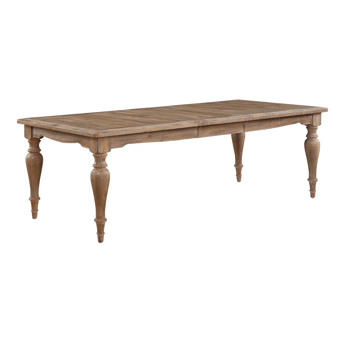 A wooden dining table with a rustic finish and turned legs.