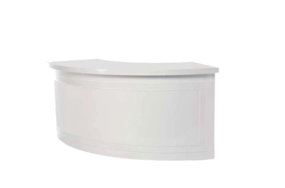 A white curved reception desk or counter with a smooth surface and minimal design