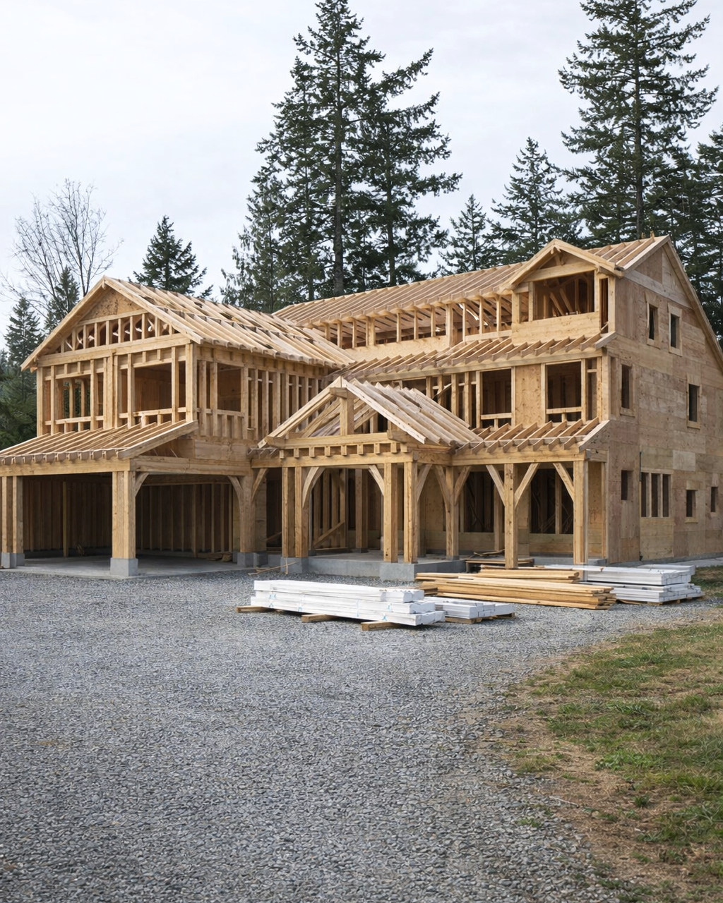 Large custom wood-framed residential home under construction in the Pacific Northwest