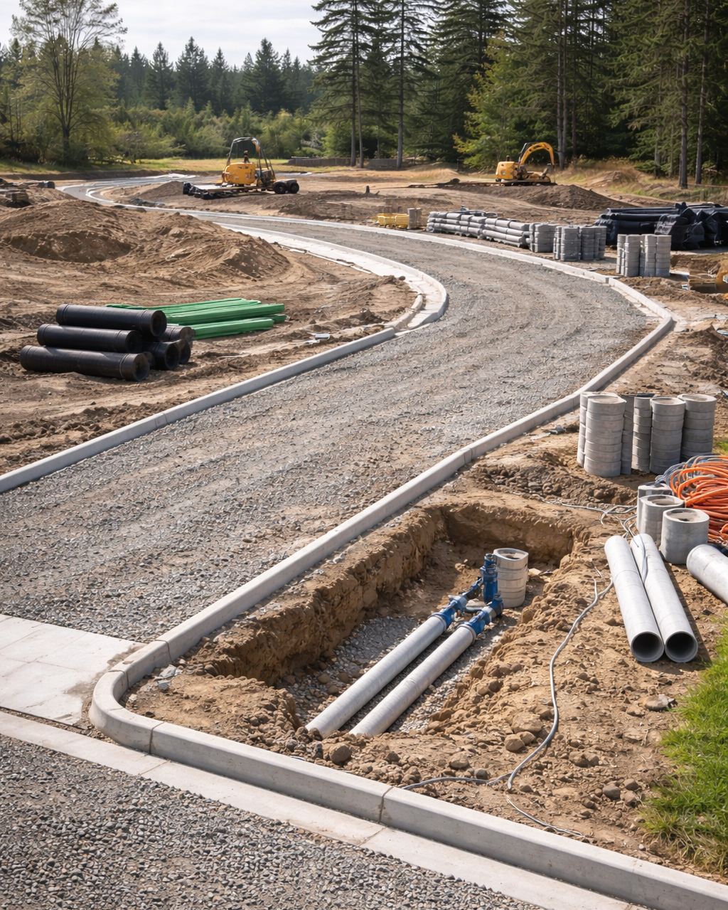 Site development and roadway construction with grading, utilities, and drainage installation