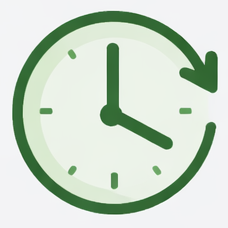 Green clock icon showing 3:00 with a counterclockwise arrow
