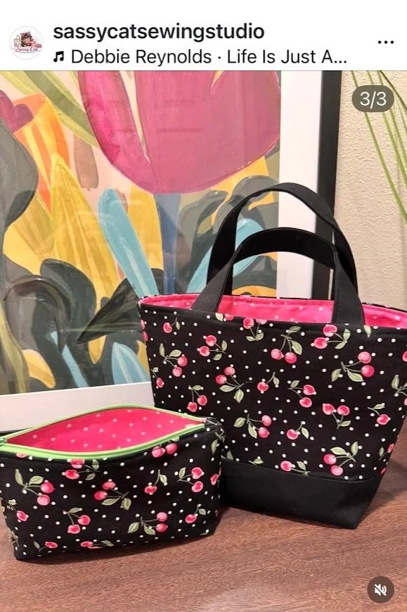 Two black fabric bags with pink cherry blossom patterns and polka dots, one large tote with pink lining and handles, and a smaller bag with a watermelon pattern, placed on a wooden surface with a colorful floral painting in the background.