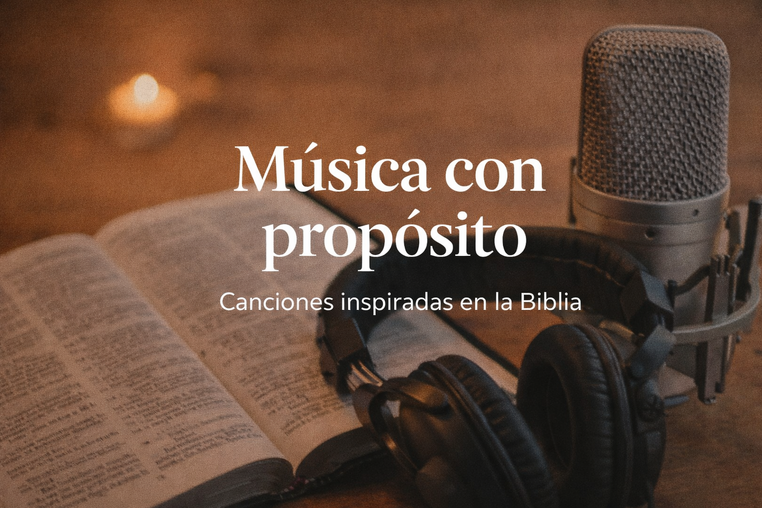Open book with text on the page, black headphones, and studio microphone on a dark background with warm lighting. Overlay text that reads 'Music with purpose' and 'Songs inspired by the Bible'.