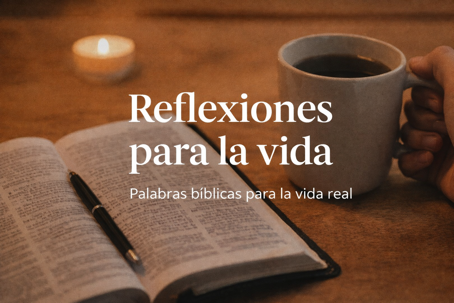 A cup of coffee, an open book, and a lit candle on a wooden table.