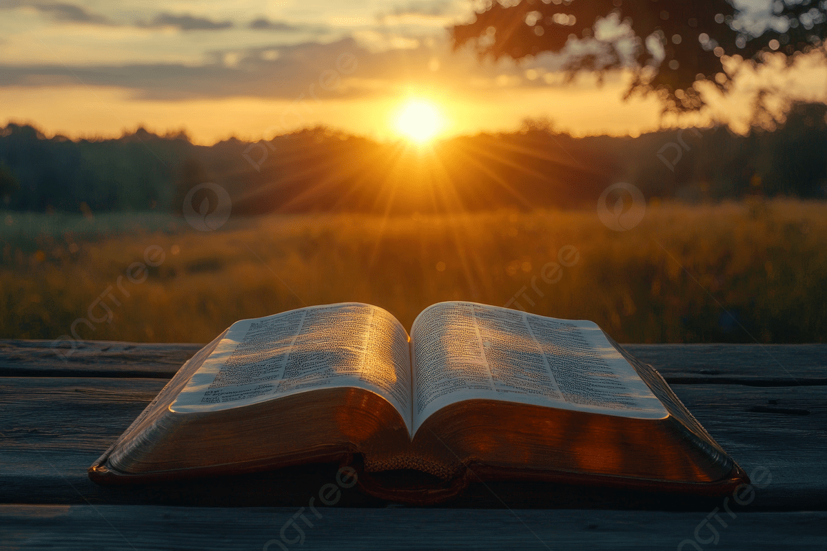 An open book on a wooden table, with a sunset in the background and trees on either side.
