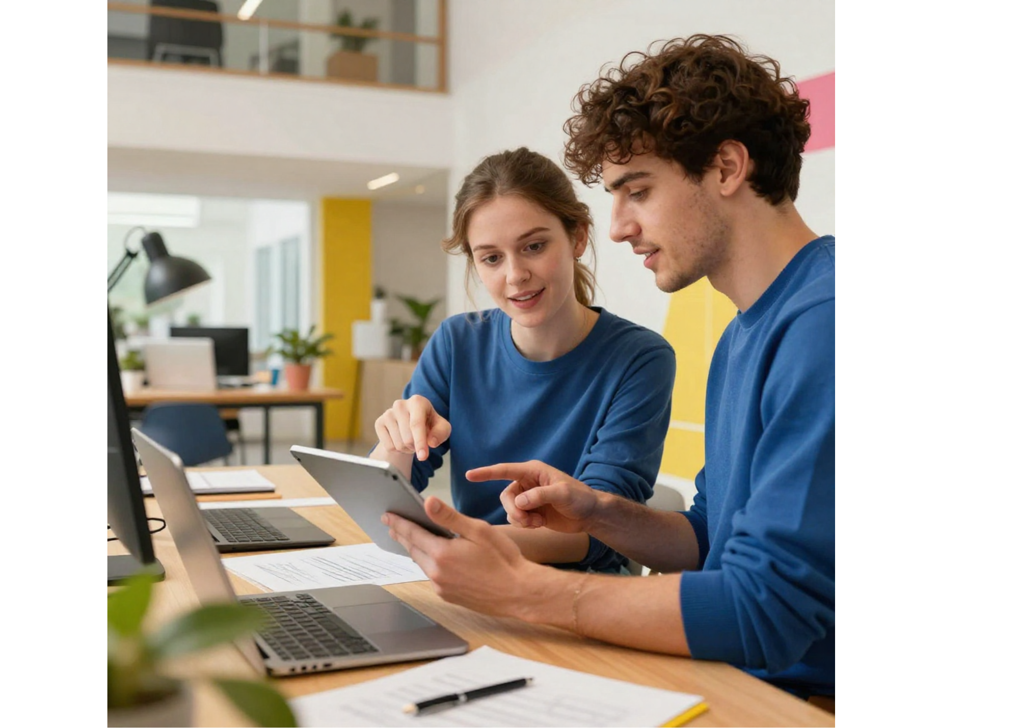 Two coworkers reviewing work together on a laptop in a bright modern office