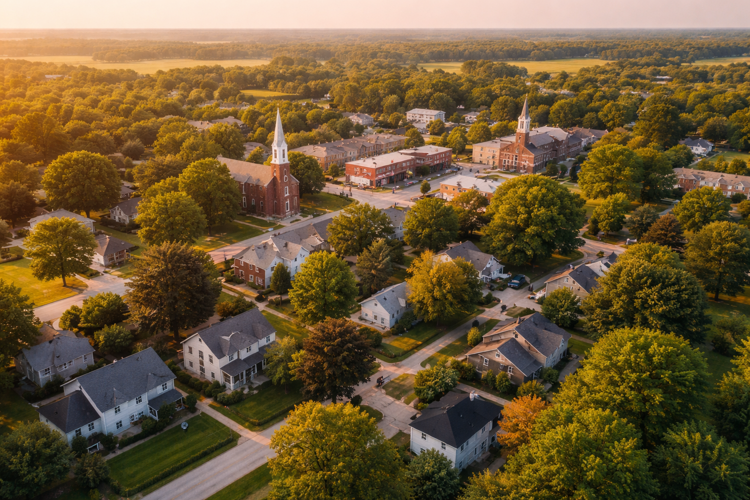 Aerial view of a small Indiana town at golden hour with a church steeple, homes, and surrounding farmland
