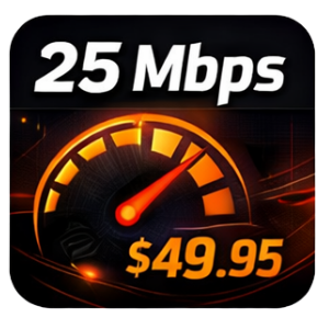 Graphic showing internet speed of 25 Mbps and price of $49.95.