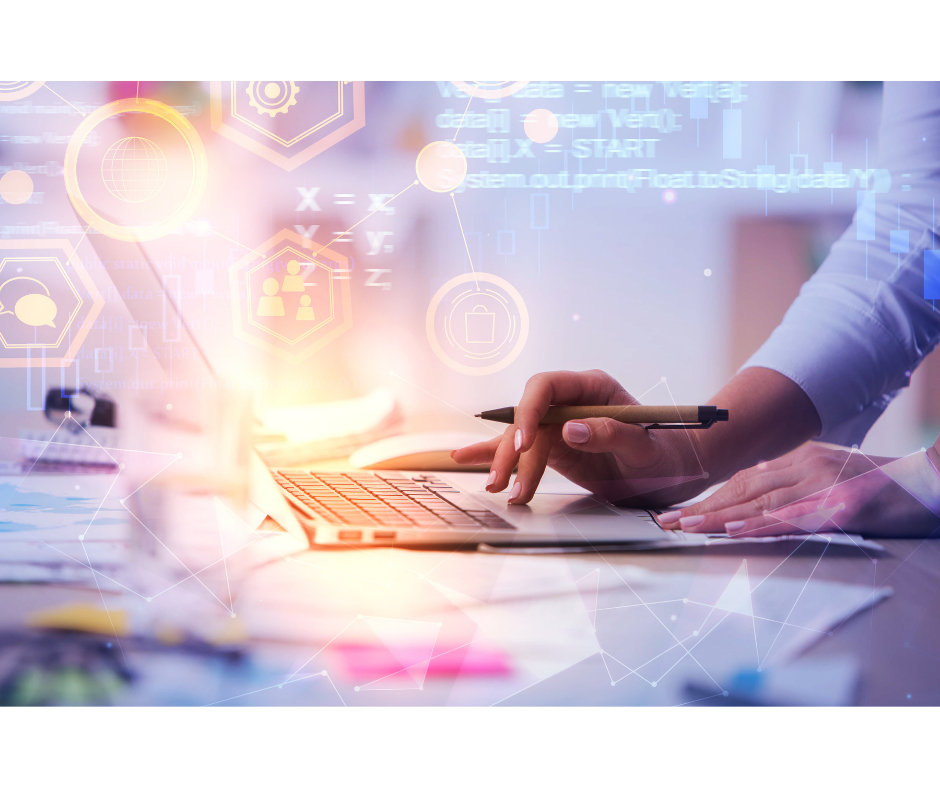 Business professional typing on a laptop with digital technology icons overlaid