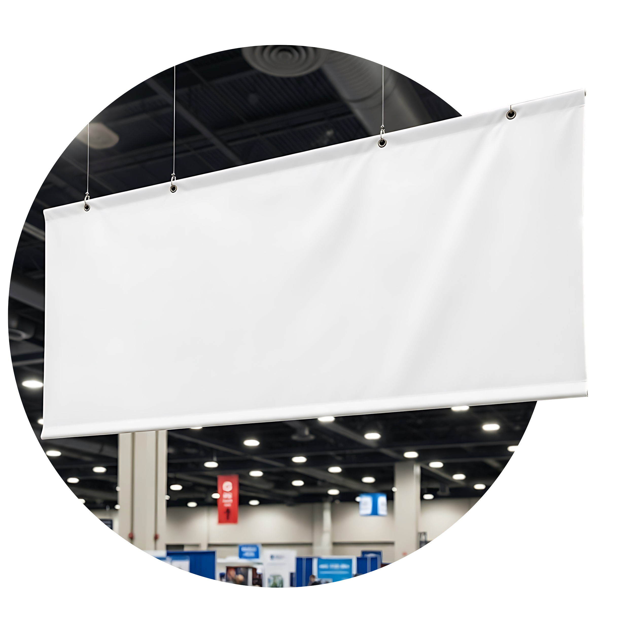 Blank white banner hanging in an indoor event or exhibition space.