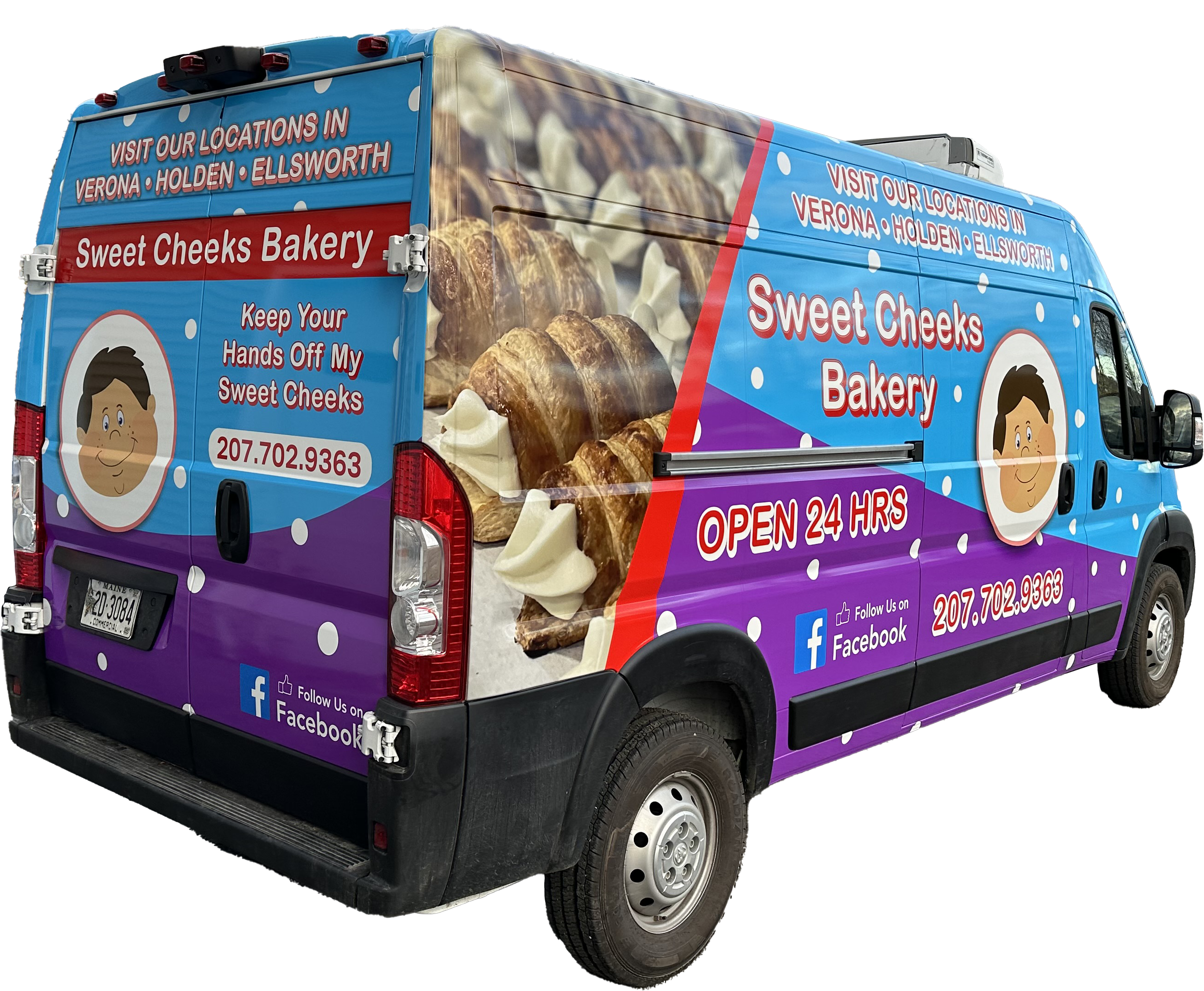 The van advertises Sweet Cheeks Bakery with colorful graphics including images of baked goods, a cartoon face of a boy, and various texts about the bakery's locations, contact number, Facebook page, and 24-hour service.