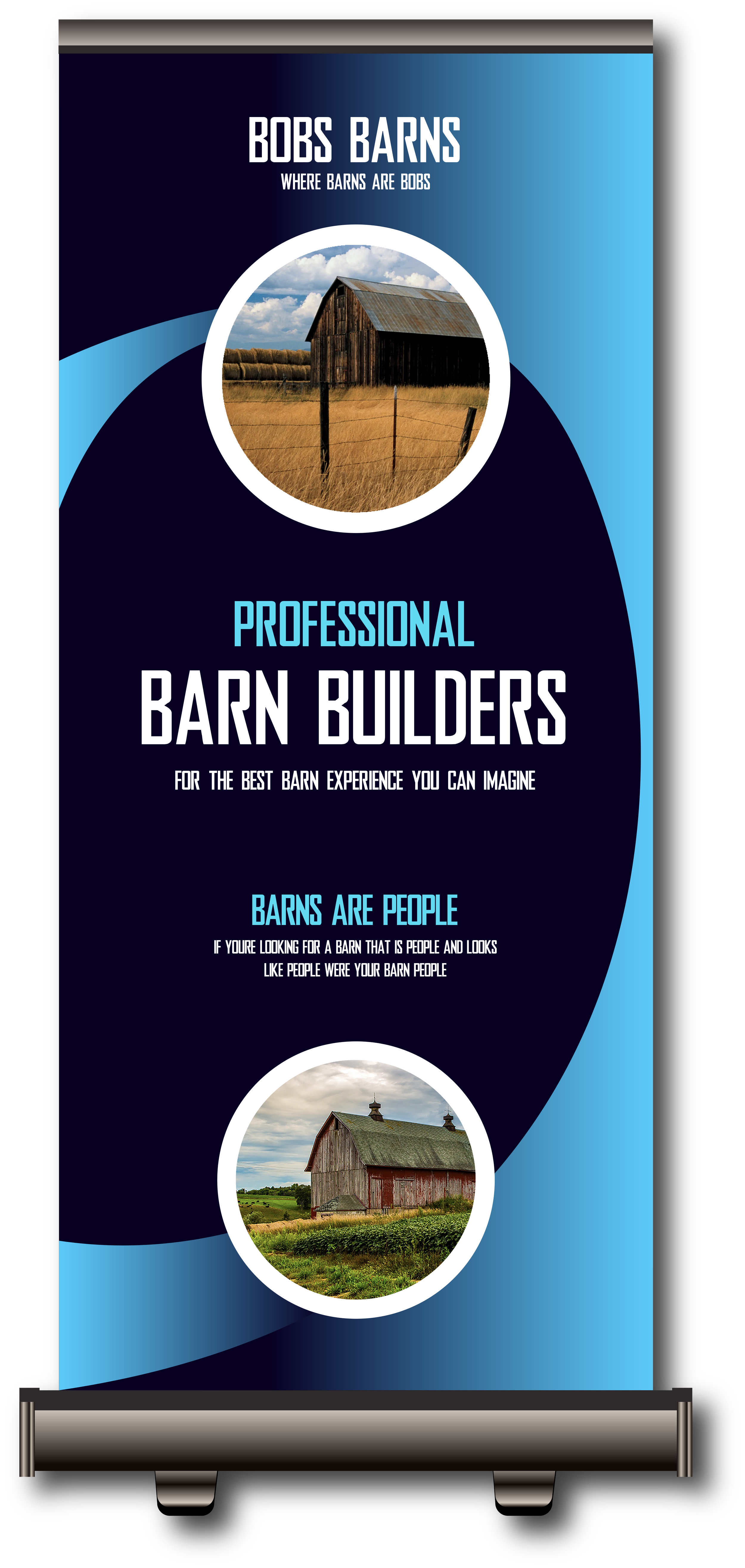 Banner for Bobs Barns showcasing images of two barns, with text promoting professional barn building services and emphasizing barns are people.