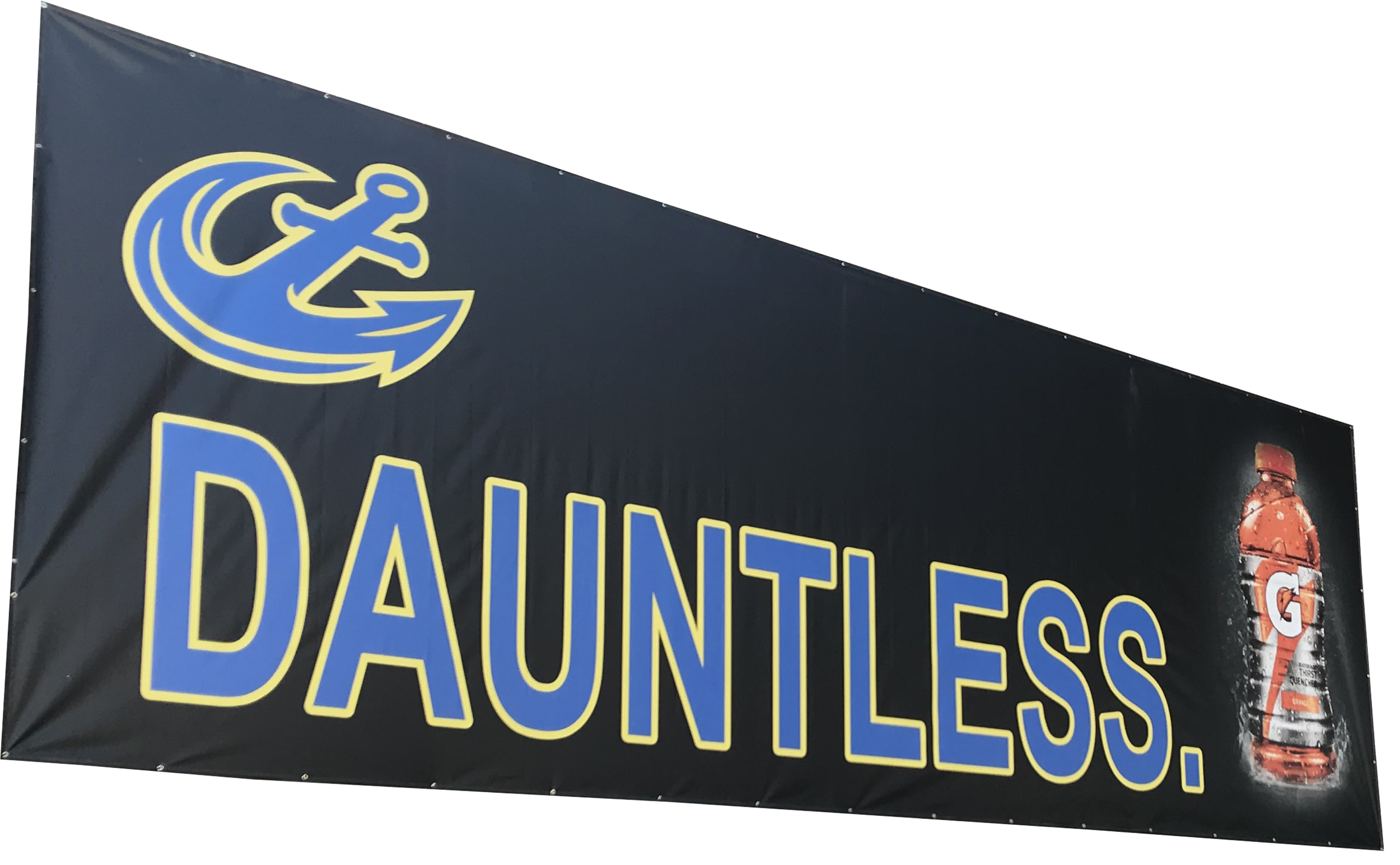 Billboard with a blue and yellow logo of a wave and anchor, the word 'DAUNTLESS' in large blue letters with yellow outline, and an image of an orange Gatorade bottle on the right.