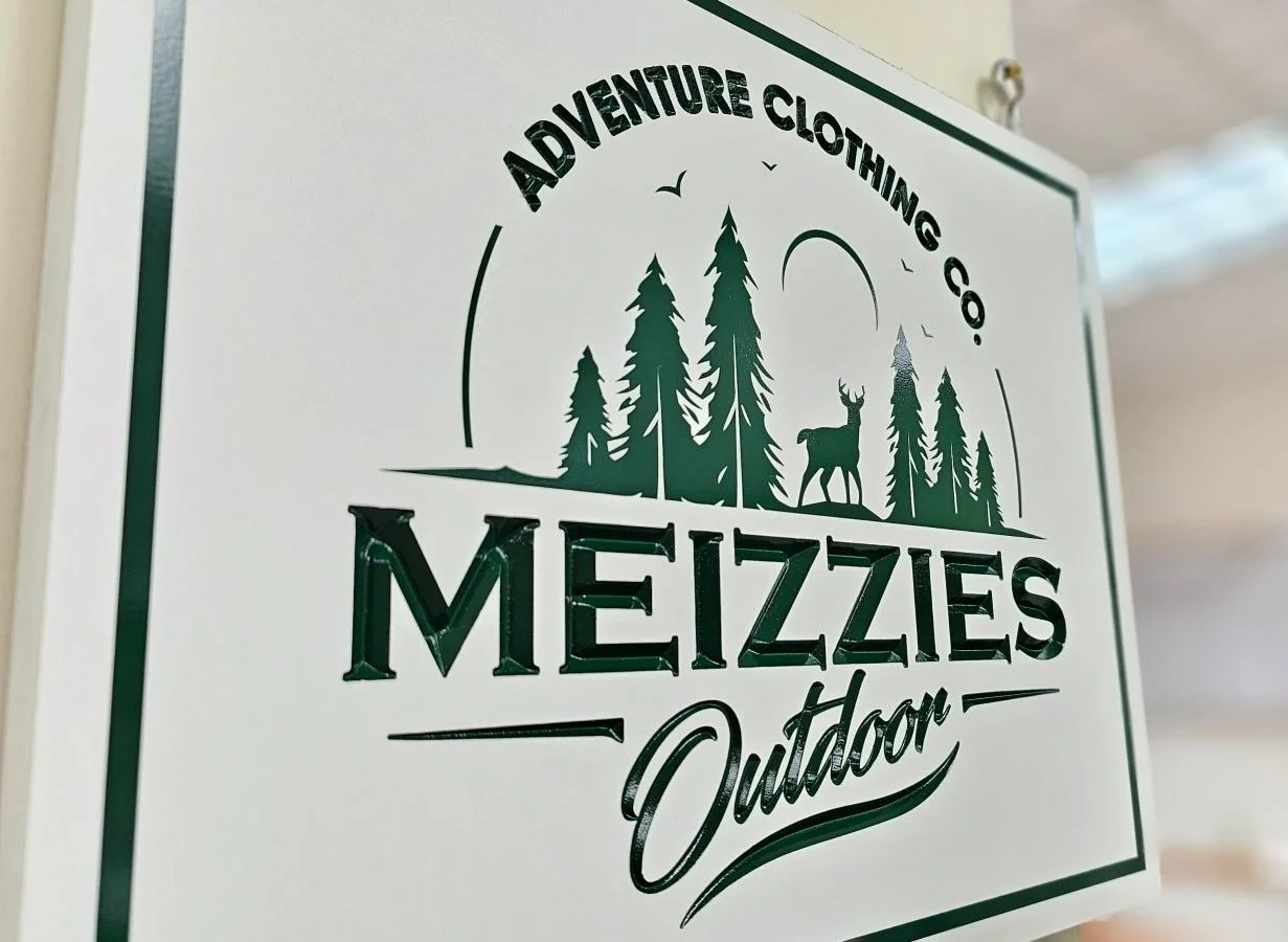 Sign for Meizzies Outdoor, featuring a mountain scene with pine trees, a moose, birds, and a crescent moon.