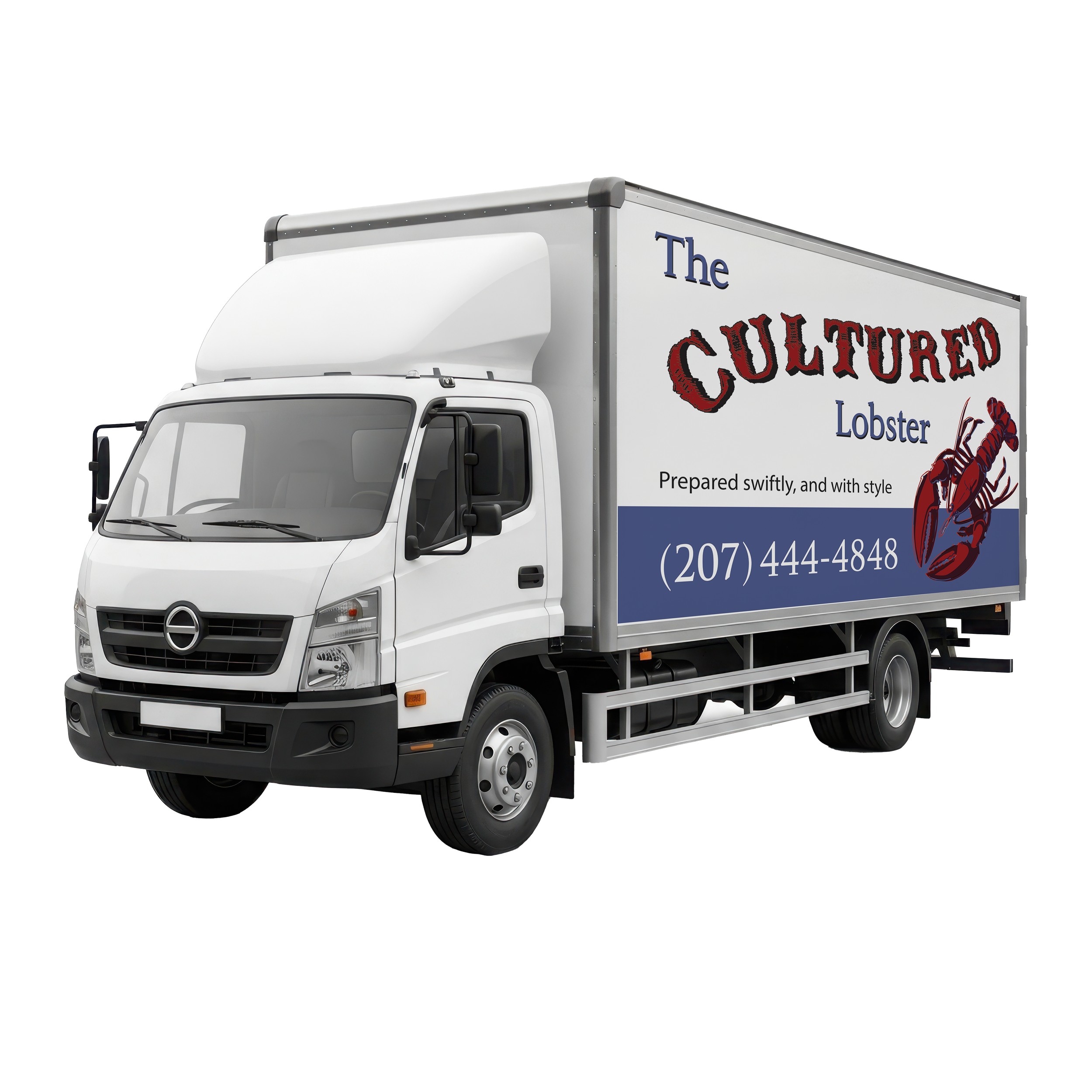 A white delivery truck with branding for The Cultured Lobster, featuring a lobster illustration, phone number (207) 444-4848, and slogan 'Prepared swiftly, and with style.'
