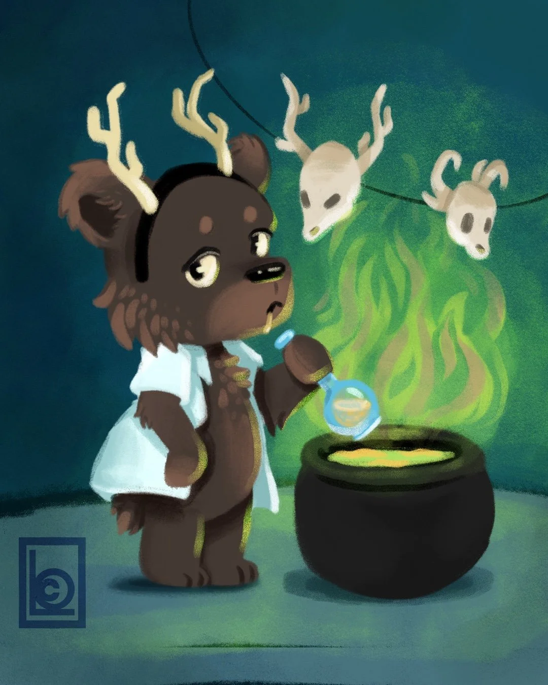 A cartoon bear wearing a white apron, holding a glass vial and tasting this yellowish-green insides. There are 2 hanging skulls with antlers behind the bear.