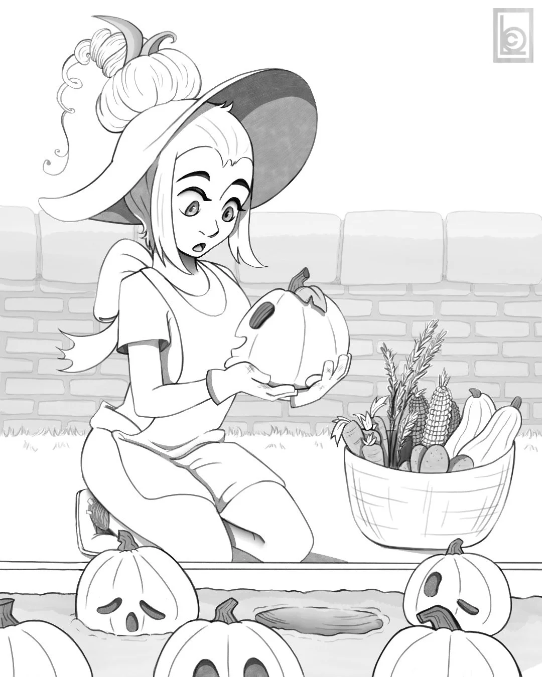 A girl wearing a witch hat looking surprised while holding a carved pumpkin. She is kneeling outside near a basket of vegetables and surrounded by carved Halloween pumpkins.