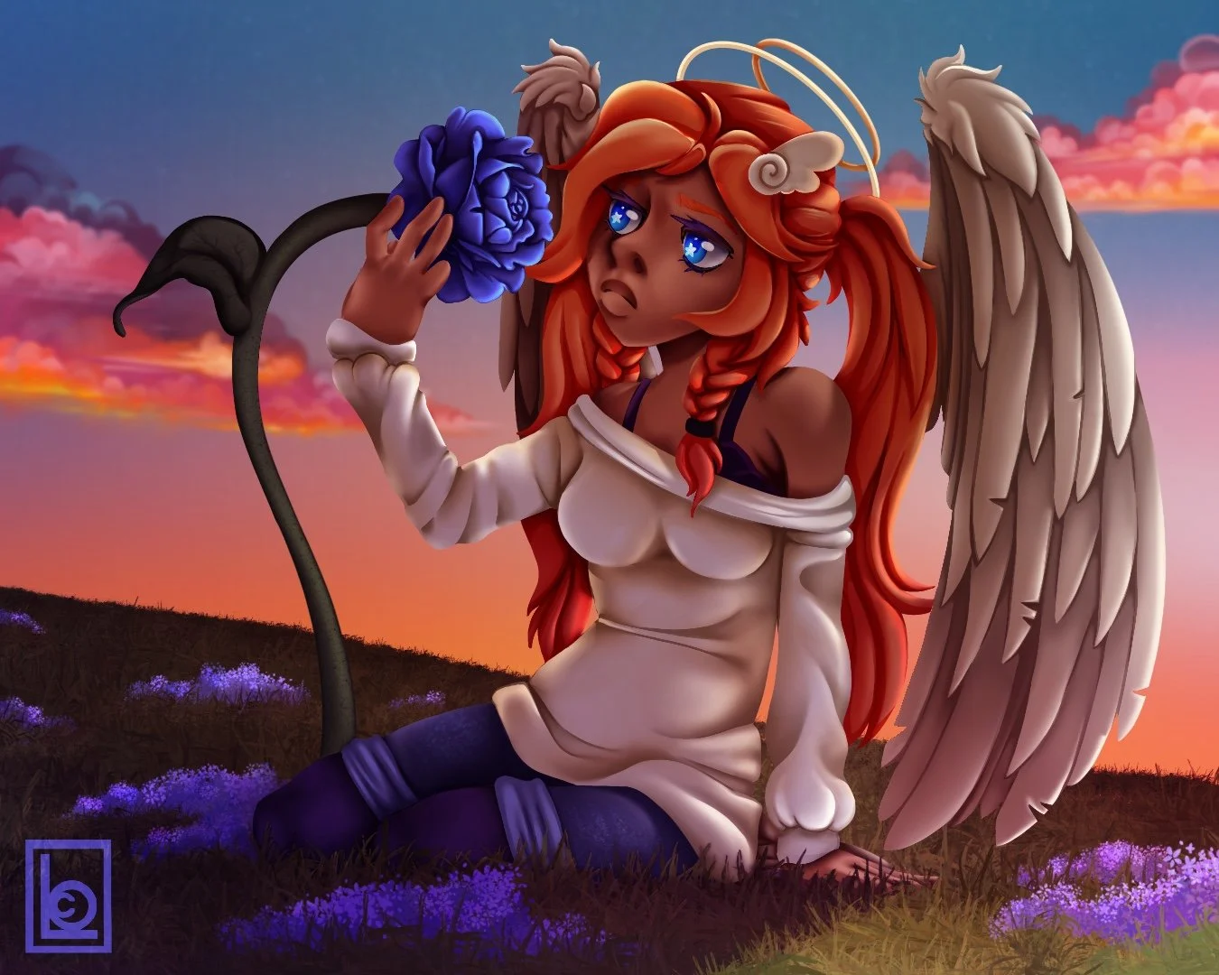 A digital illustration of a character with wings, long orange hair, and blue eyes, sitting on purple flowers in a field at sunset. The character holds a blue rose and appears contemplative.