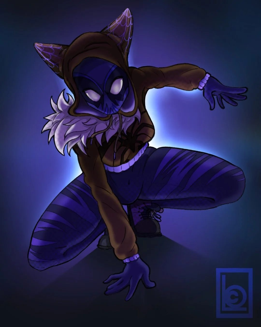 Animated character dressed in a hoodie with a wolf mask and wolf ears, crouched in a dynamic pose with a glowing blue background. Wolf Spidersona