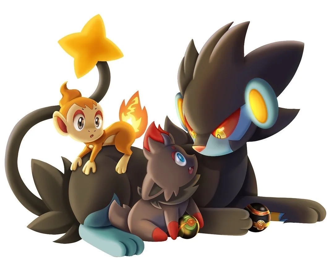 Luxray, Zorua and Chimchar all huddled together, the former two pokemon holding their pokeballs.