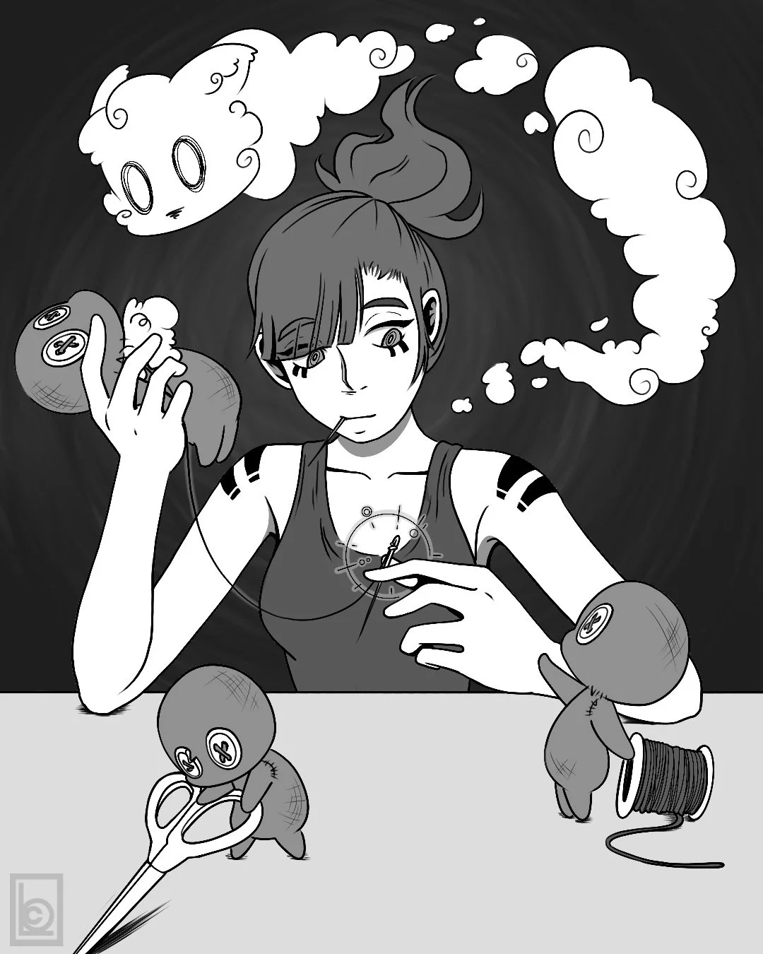 A person with short hair and tattoos on their arms sitting at a table, holding a stuffed doll with a needle and thread, surrounded by other dolls, with a magic cloud kitty floating behind her.
