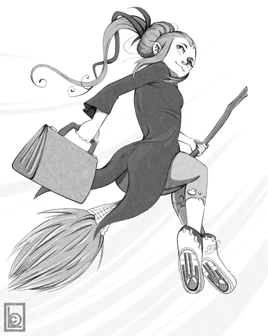 Black and white illustration of a witch, riding a broomstick as if flying, with long hair, casual clothing, and holding a suitcase and a her flying broom.