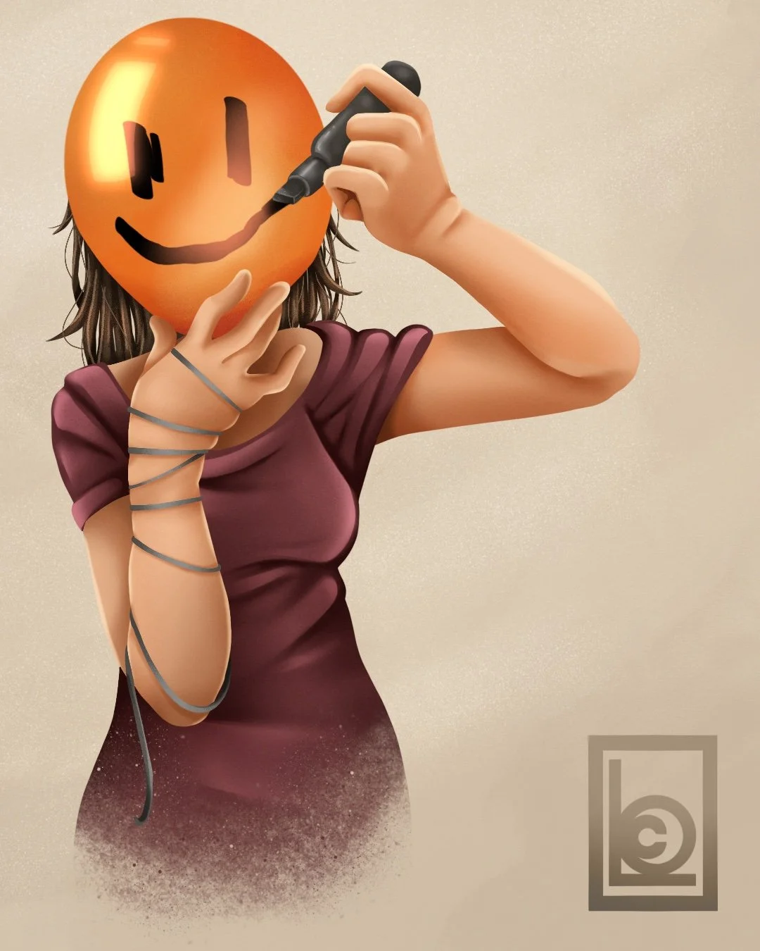 Person drawing a smiley face on a balloon blocking her face, with dark-colored hair, wearing a burgundy shirt, with a beige background.