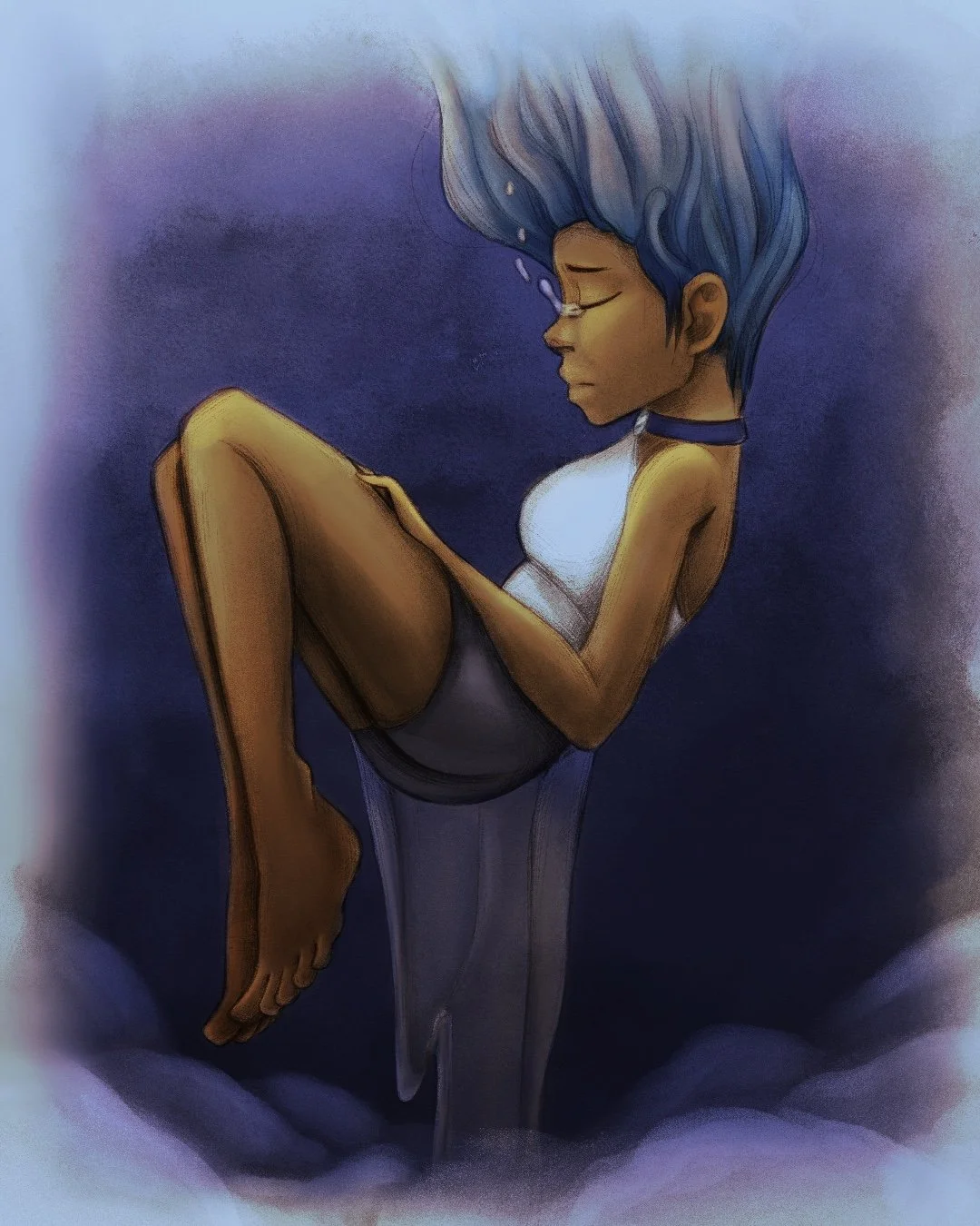 A digital illustration of a girl with blue hair, sitting with her eyes closed, holding her knee to her chest, surrounded by soft clouds and a purple background.