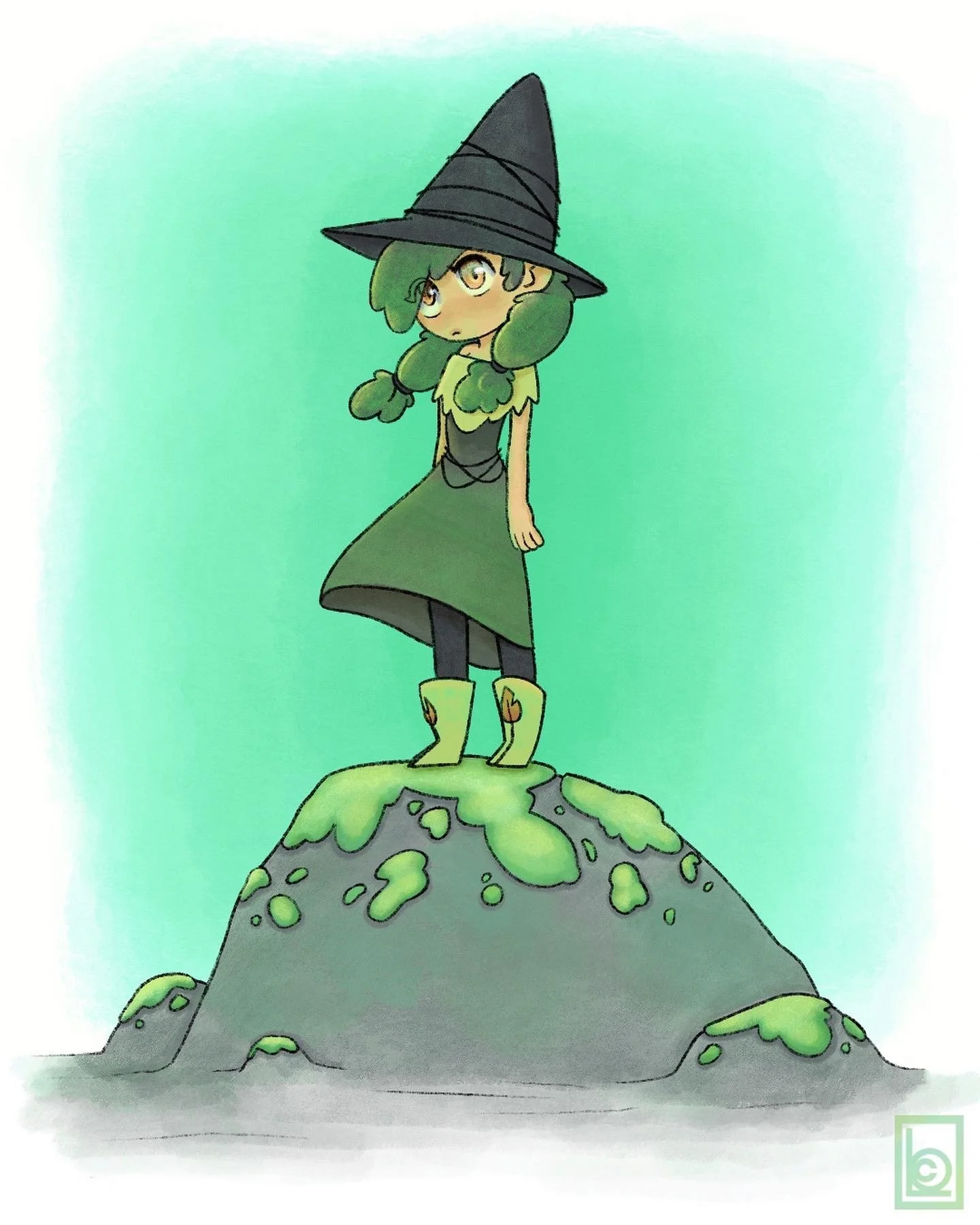 A cartoon girl dressed as a witch standing on a small, lumpy, green moss-covered rock with a muted teal background.