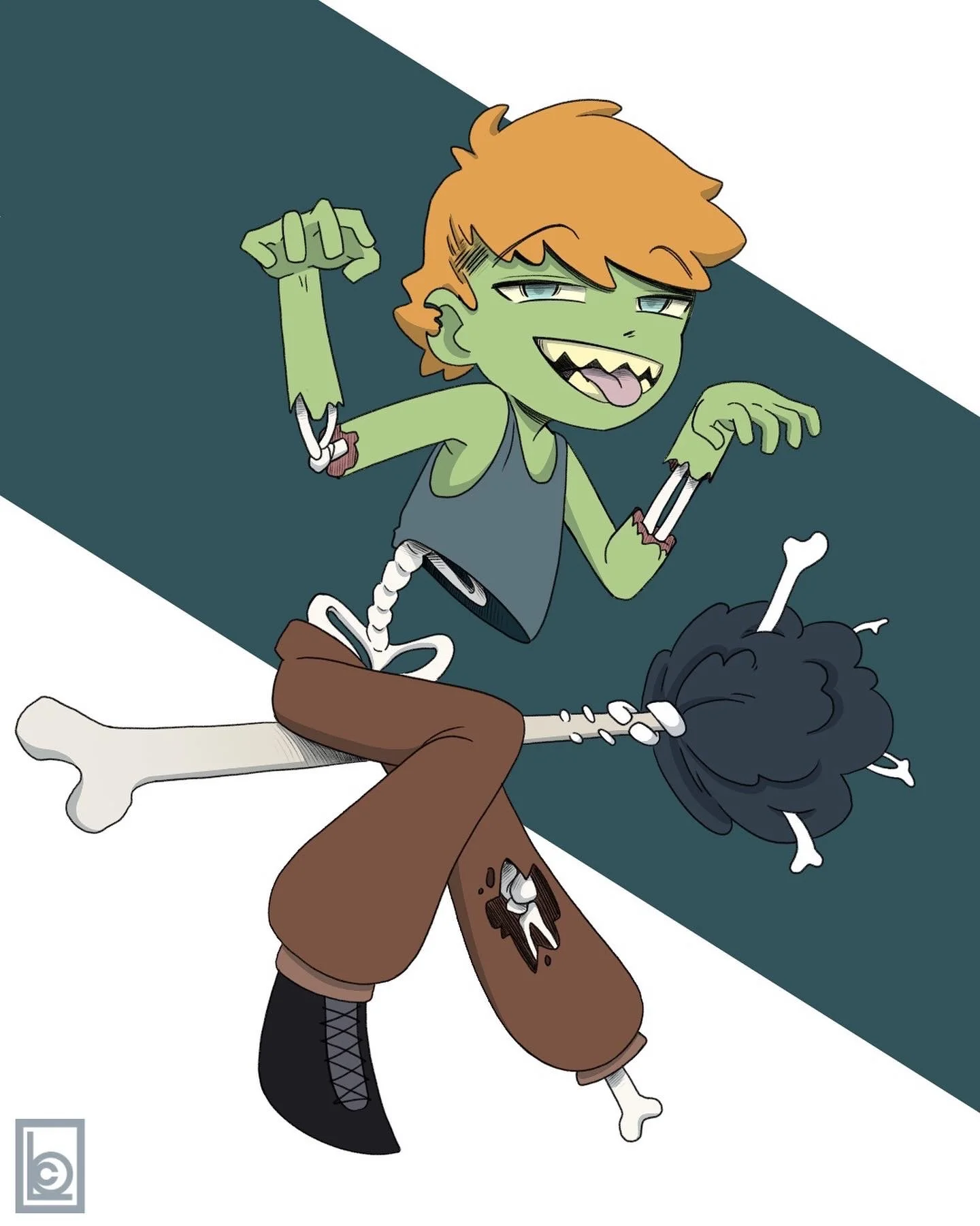 Cartoon zombie character with green skin, orange hair, and sharp teeth, wearing a sleeveless shirt and brown torn pants, dancing against a background split diagonally with contrasting colors.