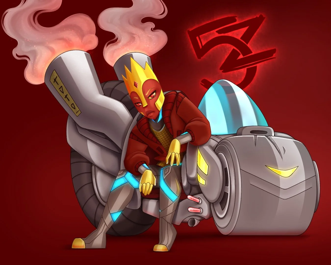 A character with a yellow crown-like headgear, sitting on a futuristic motorcycle with a serious expression. The background is red with symbols and smoke coming from the motorcycle's exhaust.