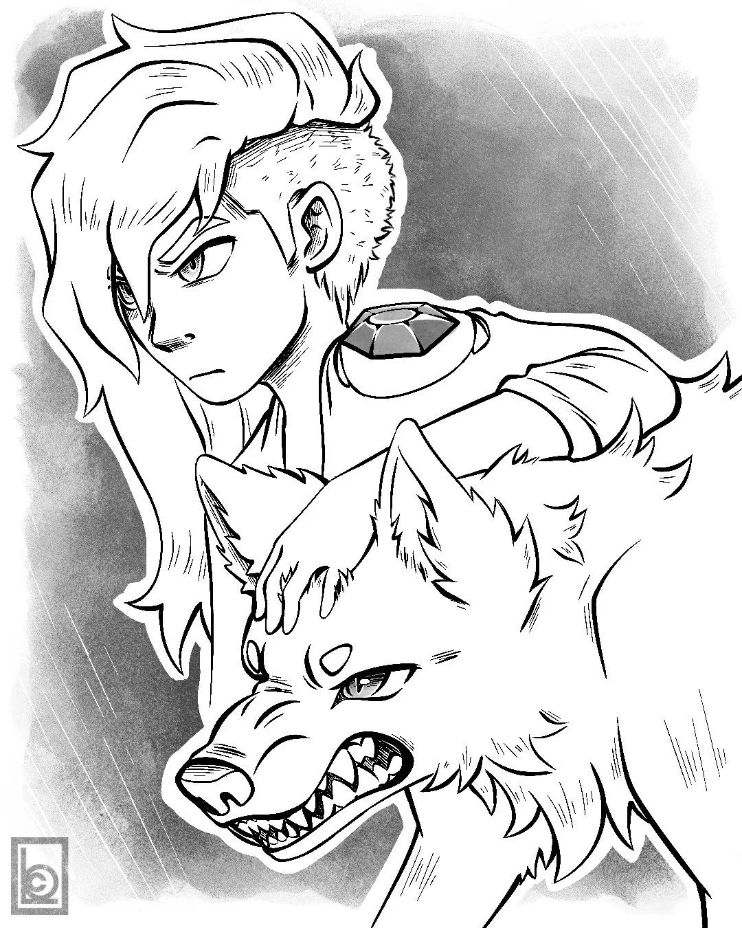 Black and white drawing of a young person with short hair and determined expression, accompanied by a snarling wolf.