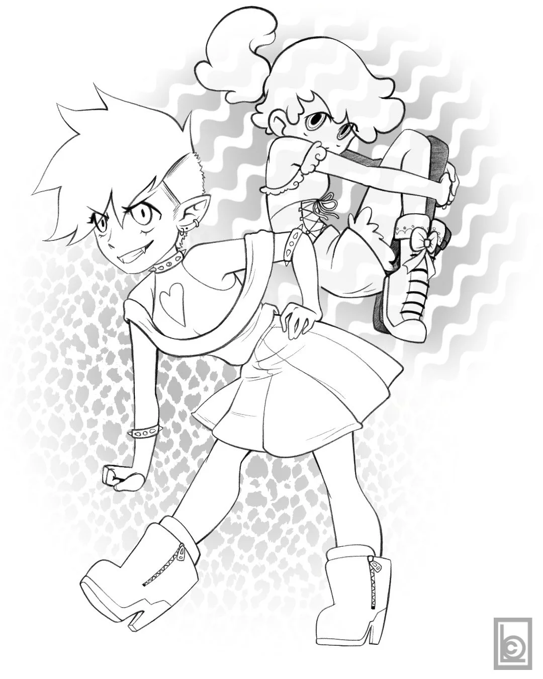 Black and white illustration of two animated characters, a ghost girl with glasses and pigtails floating, and a girl with spiky hair and vampire-like features standing confidently with one hand on her hip. 